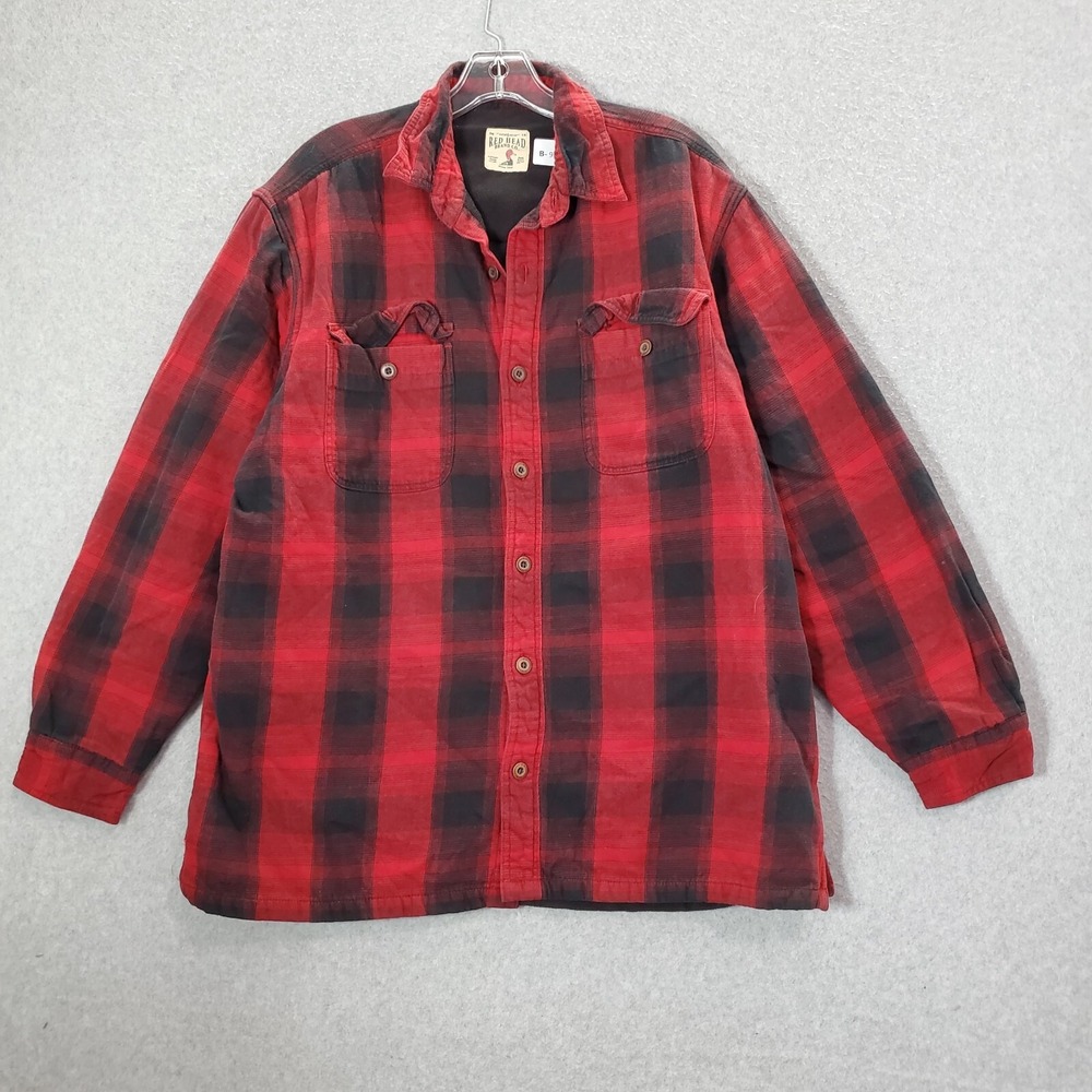 RedHead Men Button Up Shirt Large Red Buffalo Plaid Flannel Sherpa Lined Shacket